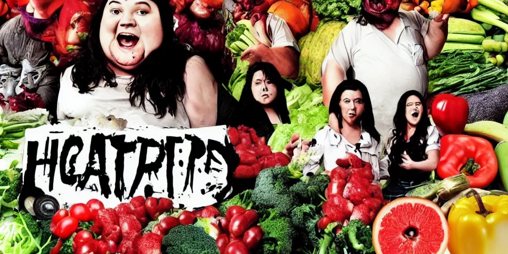 Prompt: a horror movie poster featuring huge fat people eating fruits and vegetables