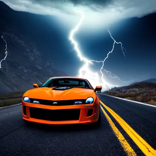 Prompt: black trans - am driving towards the camera, mountain, valley, breathtaking mountains, lake, dynamic, sunrise, cinematic, motionblur, sunbeams, volumetric lighting, wide shot, low angle, large lightning storm, mindflayer, mindflayer stranger things