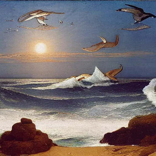 Prompt: A beautiful land art of a blue ocean with waves crashing against the shore. The sun is shining brightly and there are seagulls flying in the sky. golden by Ayami Kojima, by Philippe de Champaigne, by Richard Dadd chaotic