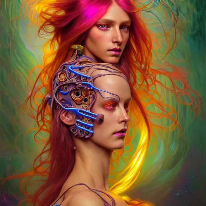 Image similar to bright psychedelic organic cyborg with glowing skin and long hair, diffuse lighting, fantasy, intricate, elegant, highly detailed, lifelike, photorealistic, digital painting, artstation, illustration, concept art, smooth, sharp focus, art by John Collier and Albert Aublet and Krenz Cushart and Artem Demura and Alphonse Mucha