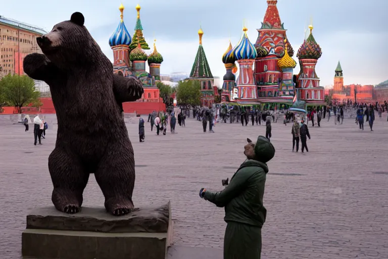 Prompt: a gigantic statue of bear holding a bottle of vodka in the middle of the red square, excited russians, symmetry, awesome exposition, very detailed, highly accurate, 8 k