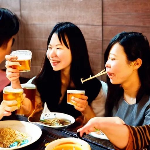 Image similar to chinese woman drinking beer and eating noodles with friends. shanghai. closeup