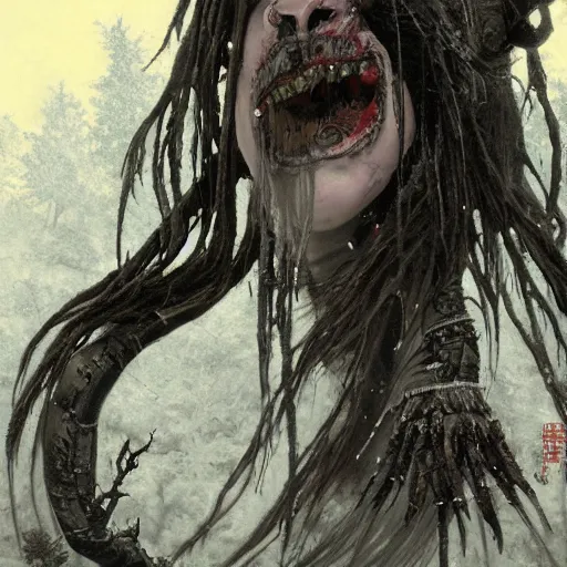 Image similar to black smoke creepy yuki - onna, 8 k resolution, horror creepy predator, trending on artstation, james gurney, ferdinand knab,