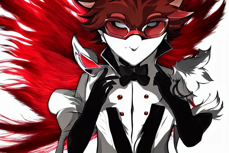 Image similar to a furry tan male fox on a persona 5 : royal ( by atlus ) video game splash screen, a furry male sandcolored tan fox fursona ( has hair ), persona 5 phantom thief style