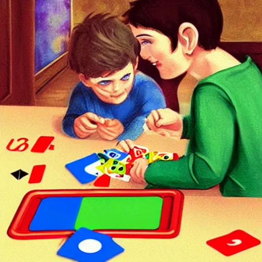 Image similar to jesus child playing uno with devil child, cute art work