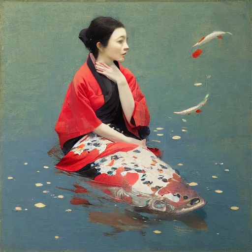 Image similar to girl in kimono, koi fish flying around her, jeremy lipking, joseph todorovitch