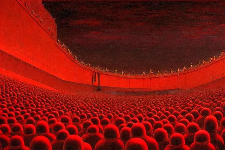 Image similar to only with red, a red melted emperor, taormina amphitheatre, crowd hails him, in the style of beksinski, parts by edward hopper, parts by rodcenko, parts by yue minjun, intricate and epic composition, red by caravaggio, insanely quality, highly detailed, masterpiece, red light, artstation, 4 k