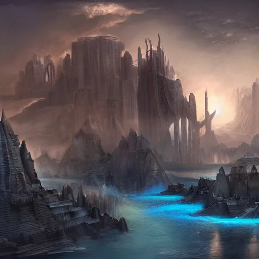 Image similar to concept art trending on art station detailed matte painting of Atlantis the ghost city, dramatic, 8k, digital art, aesthetic