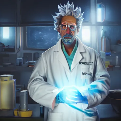 Image similar to portrait of rick sanchez, lab coat, lens flare, atmosphere, glow, detailed, intricate, full of colour, cinematic lighting, trending on artstation, 4 k, hyperrealistic, focused, extreme details, unreal engine 5, cinematic, masterpiece