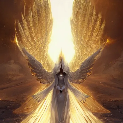 Prompt: golden armored angel, wings made of light, metal halo, no face, hooded, gold, fantasy, concept art, detailed realistic, character art by greg rutkowski and artgerm