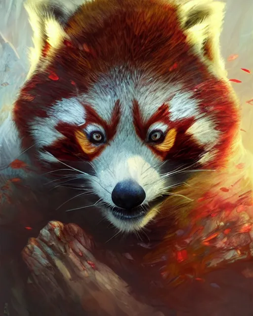 Image similar to Red Panda Shapeshifter Druid Mage, D&D, artstation, fantasy, magic the gathering artwork, cinematic lighting, centered, symmetrical, highly detailed, digital painting, , concept art, smooth, sharp focus, illustration, volumetric lighting, epic Composition, 8k, art by Akihiko Yoshida and Greg Rutkowski and Craig Mullins, oil painting, cgsociety