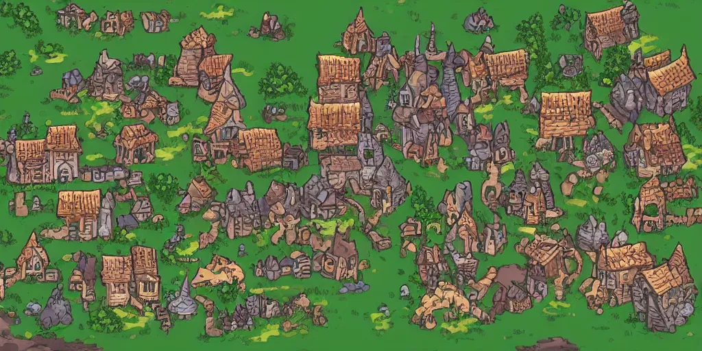 Prompt: a high detailed fantasy village vector art an aerial view of a cartoonish rpg village by dungeondraft, dofus, patreon content, hd, straight lines, vector, grid, dnd map, map patreon, fantasy maps, foundry vtt, fantasy grounds, aerial view, dungeondraft, tabletop, inkarnate, dugeondraft, roll 2 0