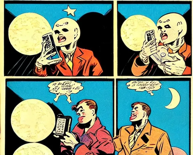 Prompt: three panels from a 1 9 3 0's comic book showing a cellphone, in front of a big moon, illustration, wide shot, muted colors, post grunge, concept art by josan gonzales and wlop, david rubin, mike mignola, laurie greasley, highly detailed, sharp focus, trending on artstation, hq, deviantart, art by artgem