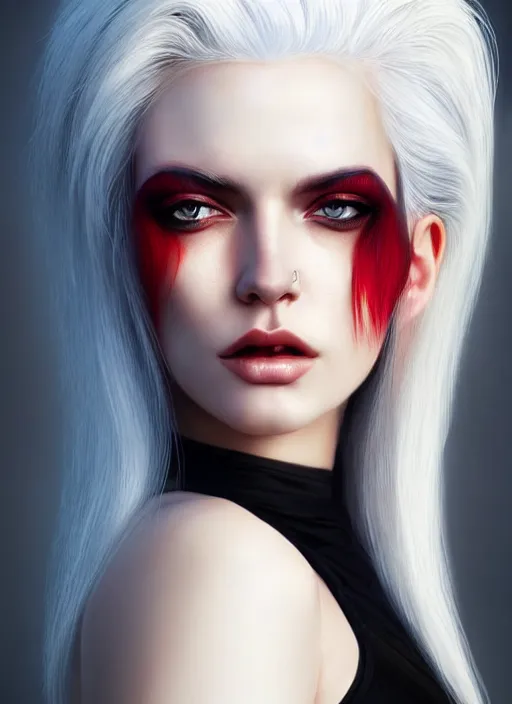 Image similar to photo of gorgeous woman with half red half white hair in the style of stefan kostic, realistic, half body shot, sharp focus, 8 k high definition, insanely detailed, intricate, elegant, art by stanley lau and artgerm, foggy backgeound