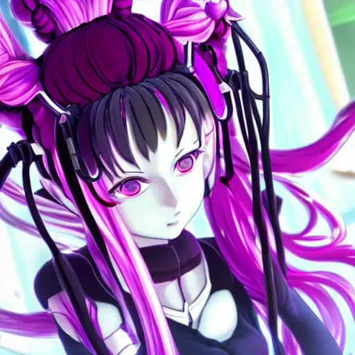 Image similar to stunningly beautiful omnipotent megalomaniacal anime asi goddess who looks like junko enoshima with symmetrical perfect face and porcelain skin, pink twintail hair and cyan eyes, traps you inside her inescapable vr prison where she controls you completely!!!, hyperdetailed, digital art from danganronpa, unreal engine 5, 8 k