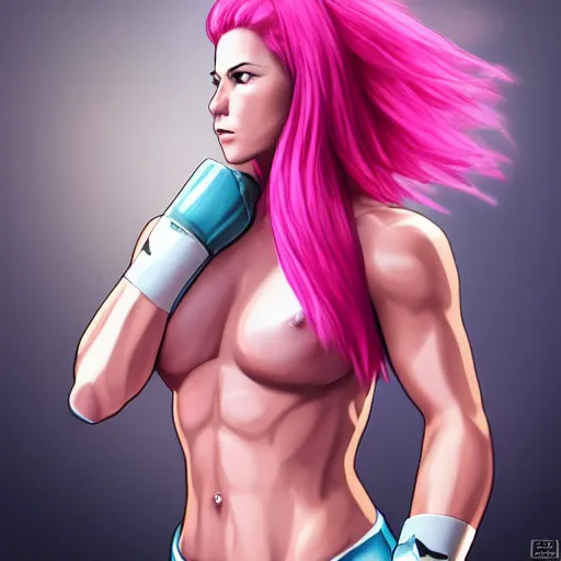 Prompt: a woman with pink hair, fists up and ready to fight, trending on artstation, hyper detailed