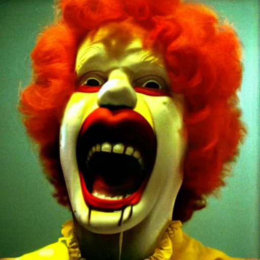 Image similar to creppy 2 0 0 1 photo of ronald mcdonald screaming in a dark room