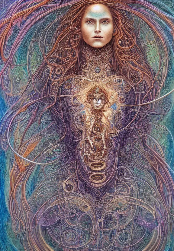 Image similar to perfectly centered full body front view of a beautiful biomechanical moon goddess, flowing hair, intense stare, sweet smile, symmetrical, concept art, intricate detail, volumetric shadows and lighting, psychedelic colors, realistic oil painting, alex grey, gustave dore,