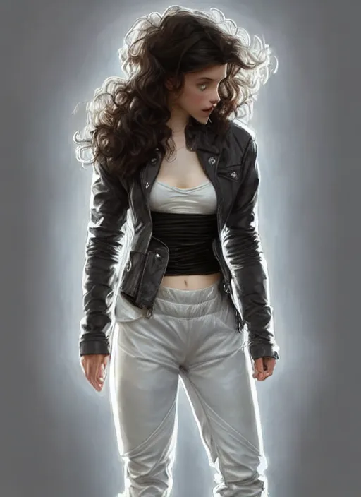 Image similar to girl in very short white! top and very short gray! leather jacket, open belly, long dark curly hair, high waist sweatpants, intricate, elegant, highly detailed, digital painting, artstation, concept art, smooth, illustration, art by artgerm and greg rutkowski and alphonse mucha