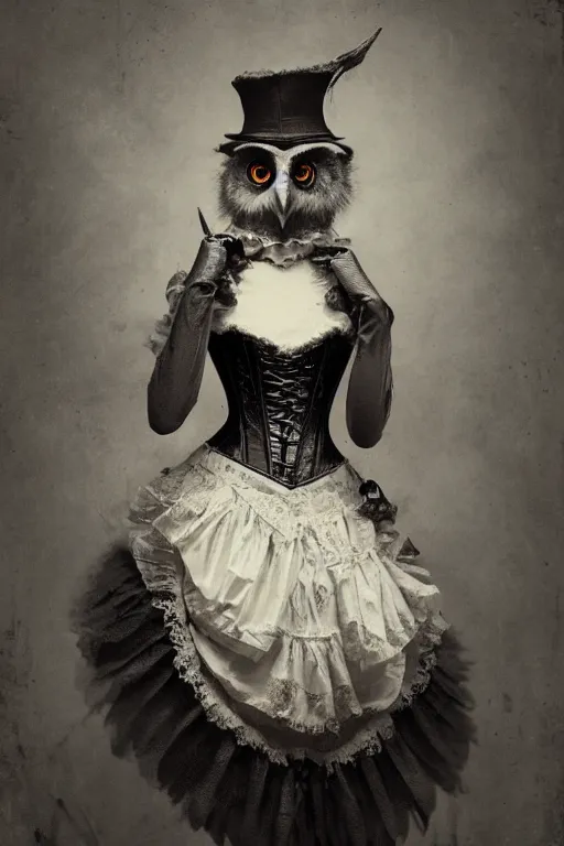 Prompt: wet plate photograph of an anthropomorphic owl dressed in a victorian - era corset dress, dramatic lighting, highly detailed, digital painting, artstation, concept art, smooth, sharp focus, illustration, art by wlop, mars ravelo and greg rutkowski