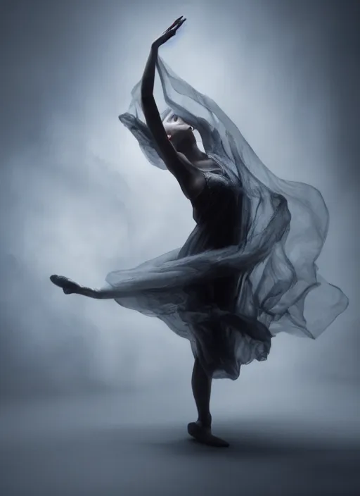 Image similar to a Photorealistic dramatic hyperrealistic render of a beautiful Female smoke dancer by Ken Brower and Deborah Ory of NYC Dance project,Lois Greenfield,Flowing cloth and smoke,Beautiful dynamic dramatic dark moody lighting,volumetric,shadows,cinematic atmosphere,Octane render,8K