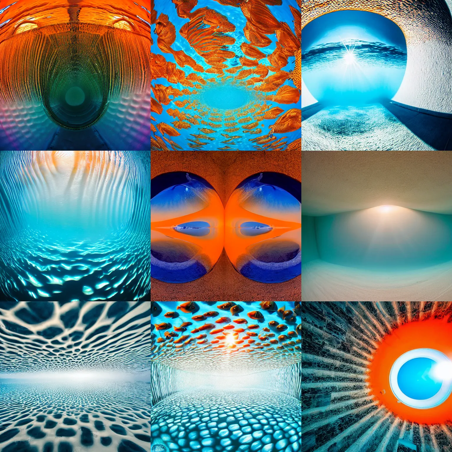 Prompt: mesmerizing hyperrealistic underwater photo of very beautiful white wall with beautiful contrast of light and shadow, orange to blue gradient, caustics immense detail, surreal, sigma art 1 2 mm fisheye