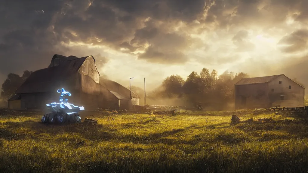 Prompt: Amazing photorealistic digital concept art of a guardian robot in a rural setting by a barn, by James Clyne and Joseph Cross. Cinematic. LED lighting. A bright billowing explosion in the distance. Wide angle. Clean lines. Balanced composition.