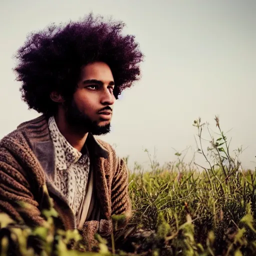 Image similar to east african male, curly hair, muslim, in vast field, beautiful scenery, nature, vintage, dreamy, pastel, thoughtful, intricate details