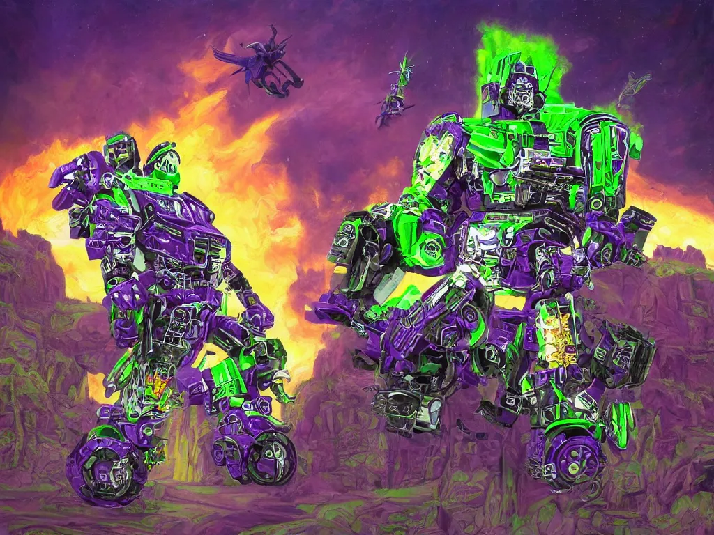 Image similar to portrait of cowboy johnny cash as purple green optimus prime from transformers riding on guitar zord ufo hoverboard, intricate, highly detailed, smooth, artstation, digital illustration by Lisa Frank and Ruan Jia and Mandy Jurgens and Artgerm and Wayne Barlowe and Greg Rutkowski and Zdislav Beksinski