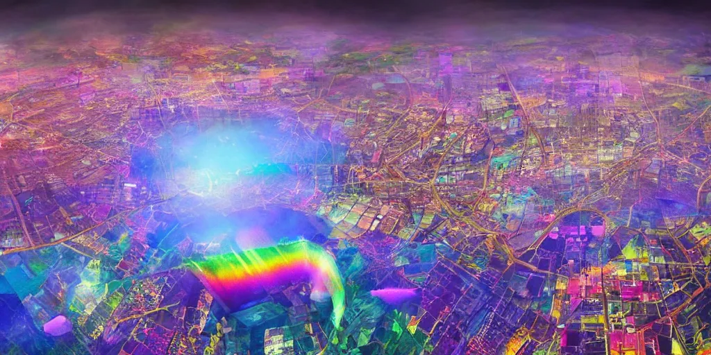 Prompt: City on Prism World, city inside of a crystal made of transparent prisms, fantasy world inside of a crystal, roads of light, rainbow colors, detailed matte painting, fantasy landscape, hyperrealistic