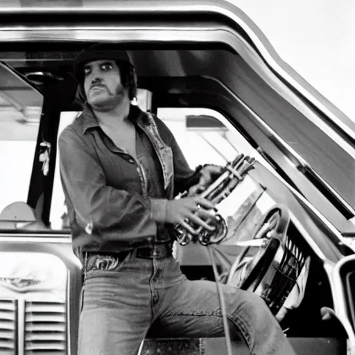 Prompt: 7 0's b - move scene the musical trucker, a trucker playing the saxophone inside his big rig as it drives off the side of a highway