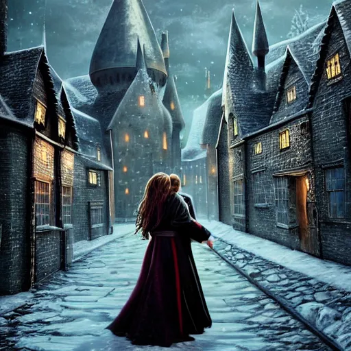 Image similar to harry potter and hermione hand in hand walking in hogwarts yard, elves around, lovely, lightly dark theme, harry potter theme, trending on artstation