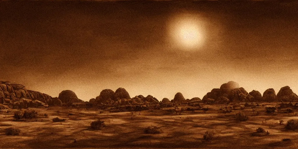 Image similar to a realistic rooftop sepia - toned painting of wadi rum at night, dark, brooding, atmospheric, lovecraft