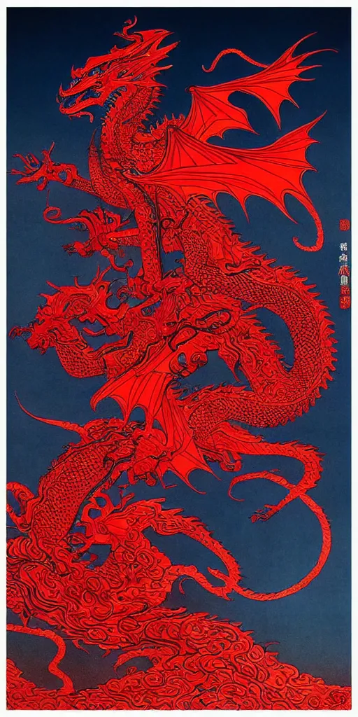 Image similar to a dragon of chinese zodiac composed of traditional chinese patternsby yangqi, by james jean, eyvind earle, zdzislaw beksinski, red and cool colors, dark sunset sky clocor scheme