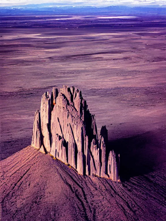 Prompt: photo of shiprock, hogback ridge, high aerial view, the foreground is brightly lit by sun, and the background clouds are dark and foreboding. kodak portra 4 0 0