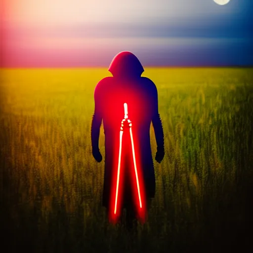 Image similar to detailed alien standing in field, with red lightsaber, gloomy nemobo at sunset