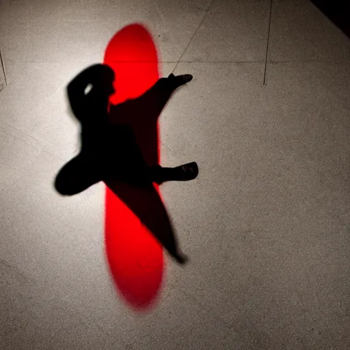 Prompt: red light from above shines through and defines the shape of her shadow on the floor below