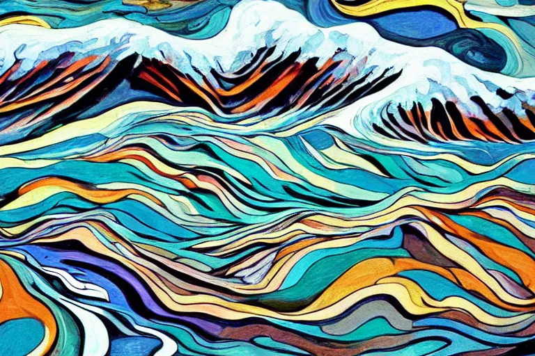 Image similar to A wild, insane, modernist landscape painting. Wild energy patterns rippling in all directions. Curves, organic, zig-zags. Mountains. Clouds. Rushing water. Waves. LSD. DMT