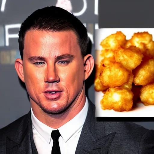 Image similar to channing tatum's face as tater tot on a plate with ketchup