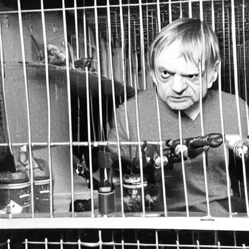 Image similar to mark e smith locked in a small bird cage on the shelf of a pet store