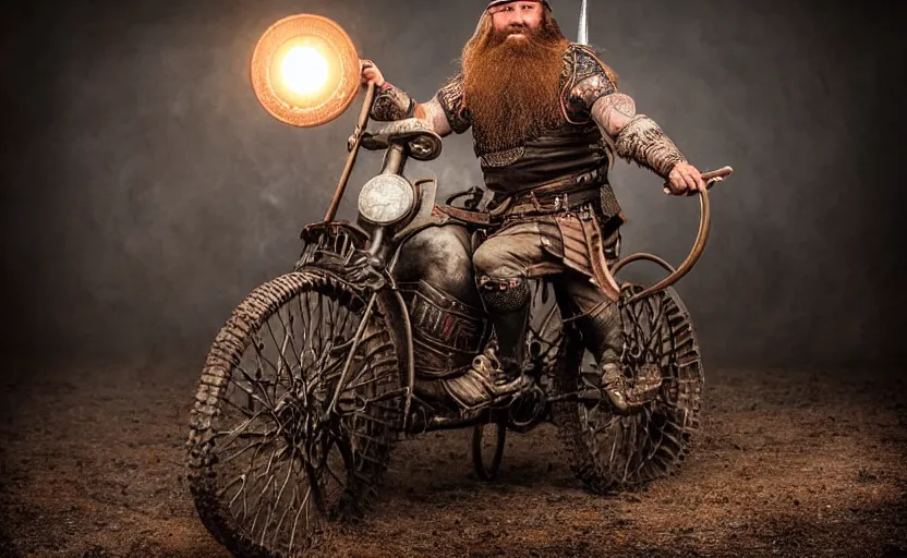 Image similar to old vintage full body photo of ancient viking warrior with full beard riding on the complex vintage punk engine with one wheel, extreme sports photography ,super high speed photography, dynamic photography,symmetrical face, clean face, muscular body, high speed,dirt and grawel in air, lens flares, dust partiles in the air, dramatic lighting, intricate, highly detailed, centered, smooth, sharp focus, sports photography, old photo, black and white, sepia, cinematic lighting, cinematic angle, national geographic