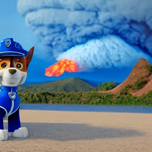 Image similar to chase wearing blue outfit ( from paw patrol ) is standing on the beach watching a giant volcano erruption behind him, movie poster, trending on artstation, intricate detail, very sharp, octane 8 k render, depth of field