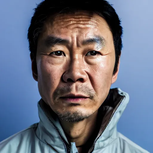 Prompt: a close up photographic portrait of a rugged asian actor wearing wet weather gear looking worried taken by annie leibowitz. cinematic lighting, blue background colour, 5 0 mm, subsurface scatter.