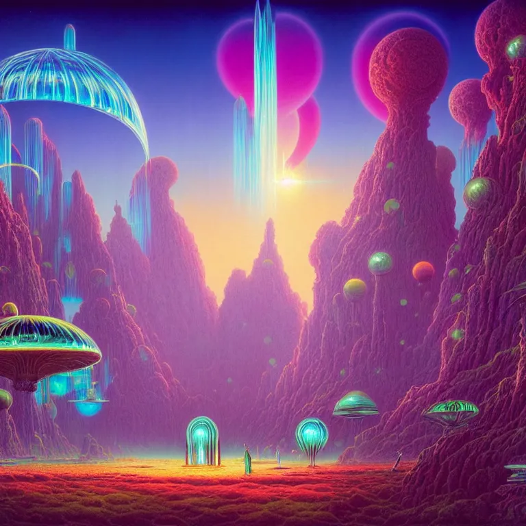 Prompt: mysterious ancient dieties hovering over magical glass temple, infinite quantum waves, synthwave, bright neon colors, highly detailed, cinematic, tim white, michael whelan, roger dean, bob eggleton, lisa frank, vladimir kush, kubrick, kimura, isono