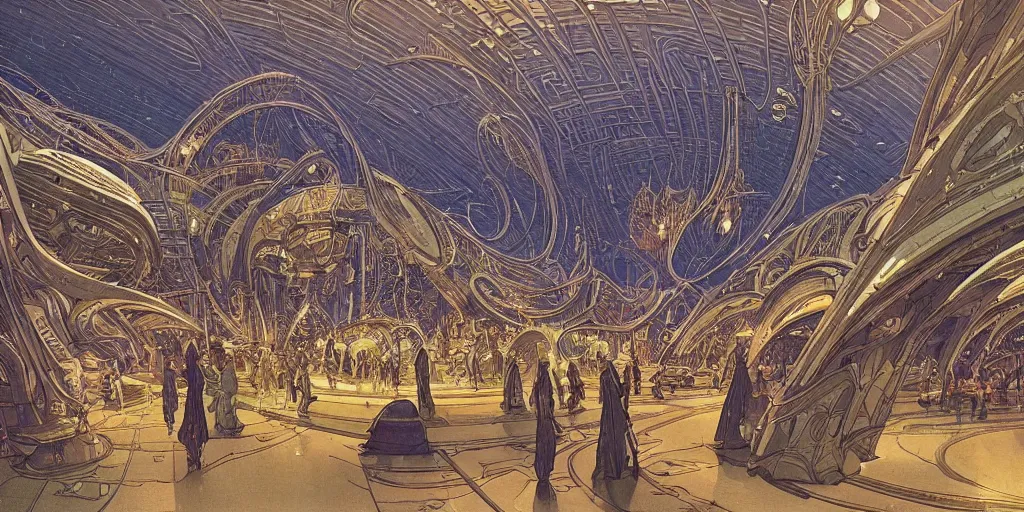 Prompt: the interior of a scifi space station with ornate elven architecture bustling with people by jean giraud moebius, crystalline, emerald, highly detailed matte illustration by moebius, clean lines, sharp focus, intricate, elegant