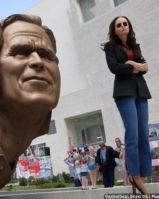 Image similar to Actress Eliza Dushku gets her picture taken in front of the waving George w. Bush statue in Fushë Kruje's main square during a trip to Albania, photographed in the style of National Geographic