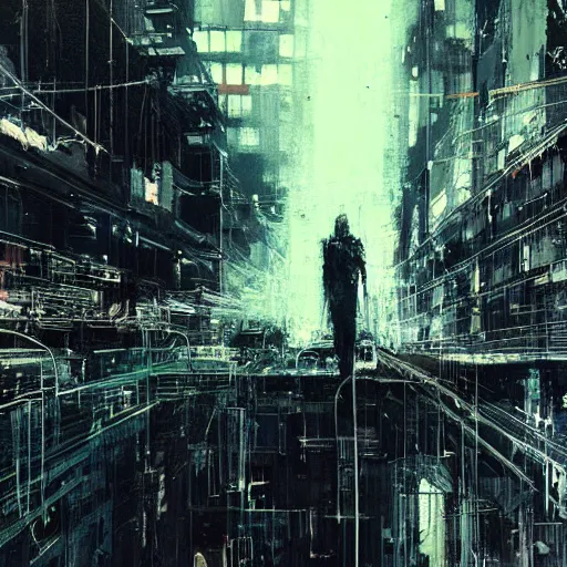 Image similar to a cyberpunk, wires, machines, in a dark future city by jeremy mann, francis bacon and agnes cecile, ink drips, paint smears, digital glitches glitchart c - 1 0