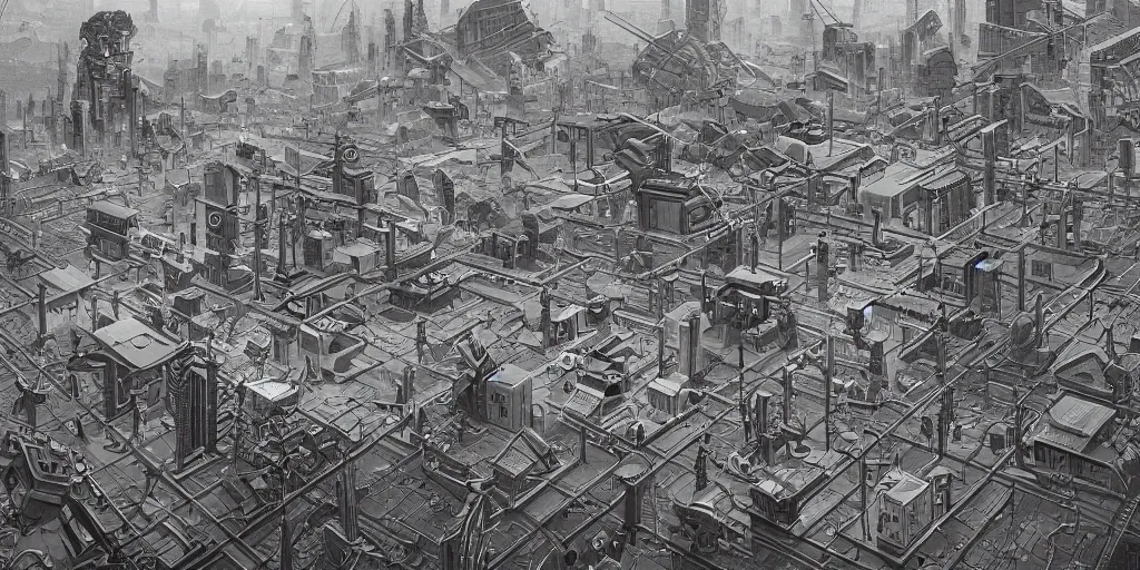 Image similar to highly detailed retro scifi neighborhood in a scifi landscape by feng zhu, perfect geometry, hyper - detailed, sharp, beautiful, desaturated, oil on canvas