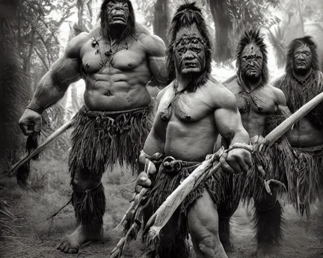 Image similar to hyper realistic group vintage photograph of a live action warcraft orc warrior tribe in the jungle, tall, hulk like physique, detailed faces, tribal paint, tribal armor, grain, old, monochrome, sepia toned, realistic lighting, wide angle