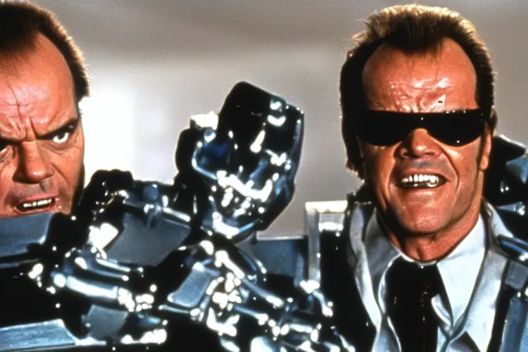 Image similar to Jack Nicholson plays Terminator, scene where his endoskeleton gets exposed, still from the film
